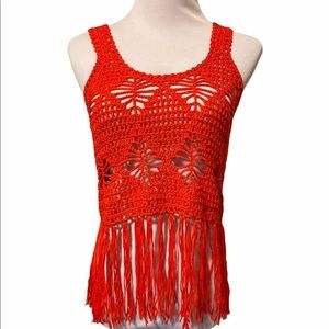 Knitted Boho Orange Top with tassles , S